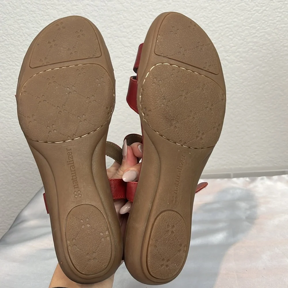 Naturalizer Red Leather T-Strap Sandals with Brass Accents - Picture 7 of 10